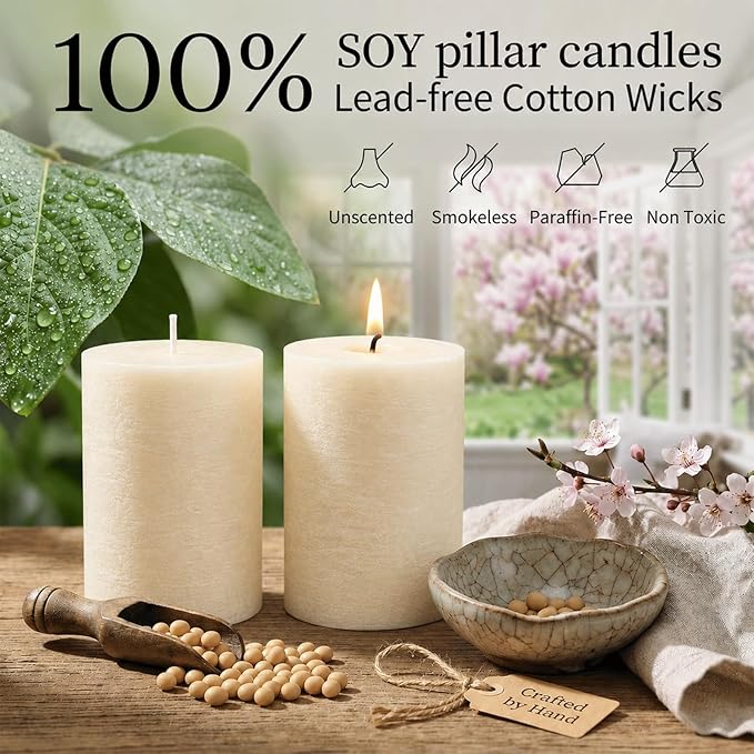 4 Pack Soy White Pillar Candles,Natural Soybean Pillar Candles,55 H Long Lasting Burning-Unscented,Dripless and Smokeless Rustic White Hand-Poured Candles Dinner Table,for Wedding,Home Decor 2.8x4in