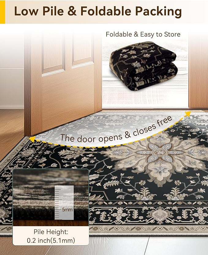 RELEANY Area Rugs 3'x4' Washable Non-Slip, Floral Vintage Distress Print Pattern Medallion Carpet for Living Room Bedroom Dining Room, Black Brown Neutral Dark Tan