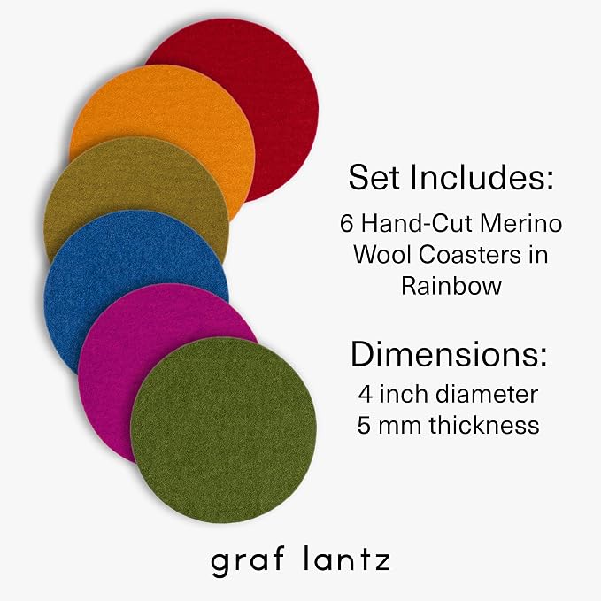 Graf Lantz - Bierfilzl Merino Wool Round Coasters Set of 6 - Rainbow (4" Circles) - Absorbs 30% of Weight - German Wool - Heat Resistant, Sustainable, & Reusable - Home Decor & Coffee Table Decor
