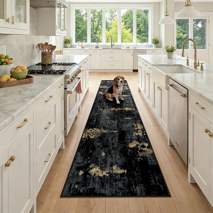 RELEANY Washable Area Rugs 2x9 Non-Slip Modern Abstract Soft for Living Room Entryway Bedroom Nursery, Print Pattern, Dark Black Gold