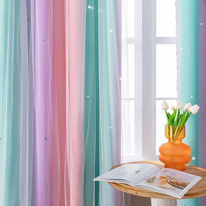 XiDi Curtains for Girls Bedroom 2 Panel Set, Thermal Insulated Window Ombre Panels, Rainbow Pink Drapes for Kids Room Unicorn Wall Decals, Black Out Curtains 63 Inch Long Pink/Purple/Green 52 X 63