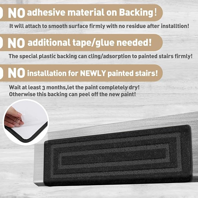 PURE ERA Bullnose Carpet Stair Treads Tape Free Non-Slip Indoor Stair Protectors Pet Friendly Stair Treads for Wooden Steps 9.5" x 30"(7 Pieces,Black Rectangular)