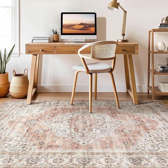 8x10 Area Rugs Living Room: Washable Boho Large Neutral Vintage Soft Rug Stain Resistant Farmhouse Non-Slip Indoor Floor Retro Carpet for Bedroom Nursery Kids Office Dining Room- Pink Brown