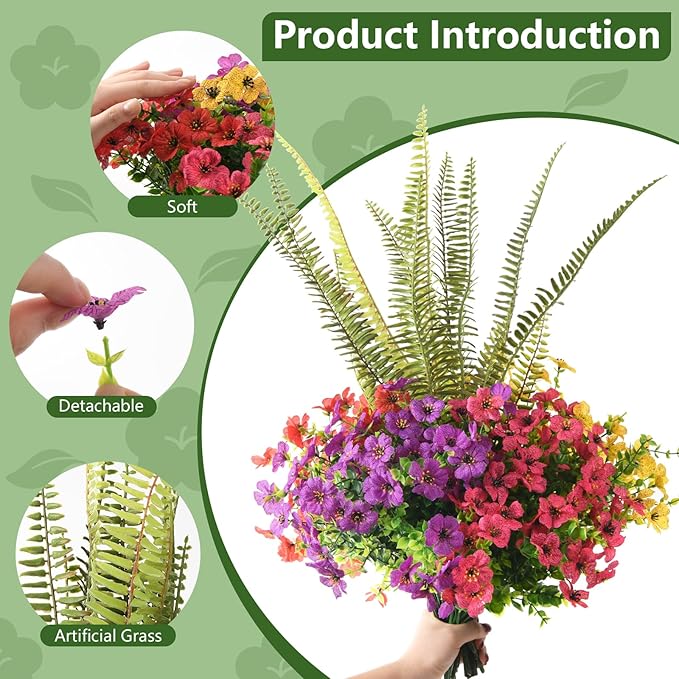 INQCMY Artificial Flowers for Outdoor 12 Pcs Faux Silk Daisy and 1 Pcs Fake Long Leaved Grass UV Resistant Tall Ferns for Home Doorway Courtyard Garden Backyard Decorative