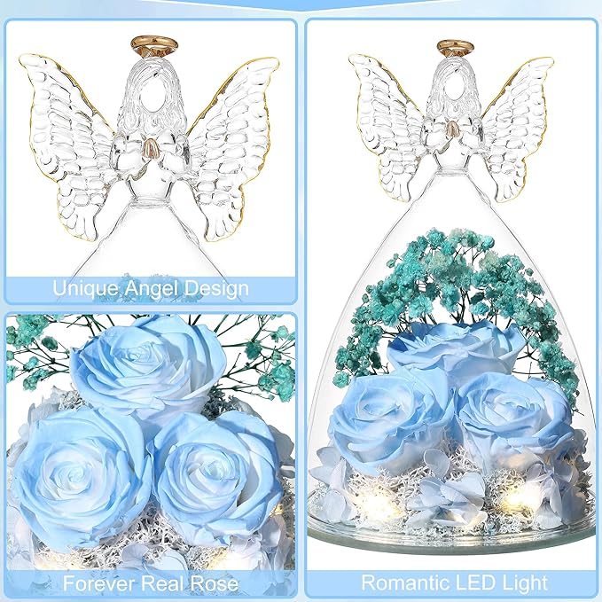 Mothers Day Rose Gifts for Women Preserved Real Flower in Glass Angel Figurines Roses for Delivery Prime Birthday Gifts for Mom Grandma Girlfriend Wife Her, Sky Blue White