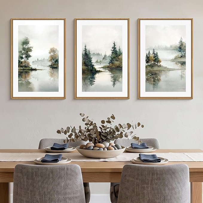 Large Foggy Forest Landscape Framed Canvas Wall Art Set,Natural Lake Scenery Wall Decor,Watercolor Pine Tree Art Painting for Living Room,Bedroom,Dining Room,Office -16"x24"x3