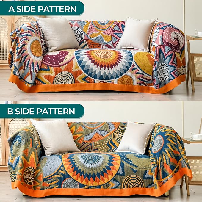 Queen Boho Throw Blanket for Bed 100% Cotton Ultra Soft Rustic Cozy Muslin Quilt Farmhouse Decor Bed Blanket,80"×90" All Season Rustic Throw for Sofa Couch,Colourful Sun