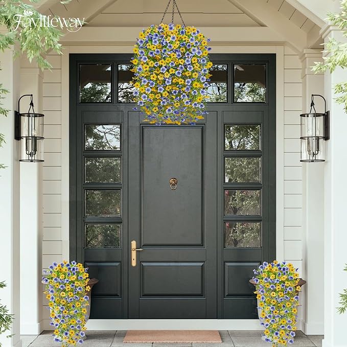 Artificial Hanging Flowers for Outdoors Spring Summer Decoration, 8PCS UV Resistant Silk Fake Hanging Plants for Patio Porch Front Yard Window Garden Indoor Decor(Blue&Yellow,8PCS)