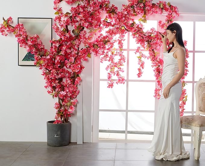 PONKING Flower Garland, Artificial Hydrangea Vine Flowers, Hanging Fake Hydrangeas Vine for Room Anniversary Wedding Birthday Christmas Wall Arch Decor, 2 Pcs, Floral Garland, Dark Pink Flower