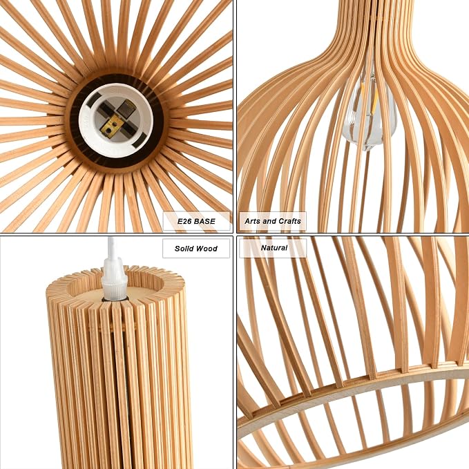 Wood Pendant Light, Natural Weaving Hanging Lamp, E26 Base Wooden Hand Made Chandelier, Boho Height Adjustable Dining Table Hanging Lamp for Bedroom Bar Café Kitchen Island Hallway Living Room
