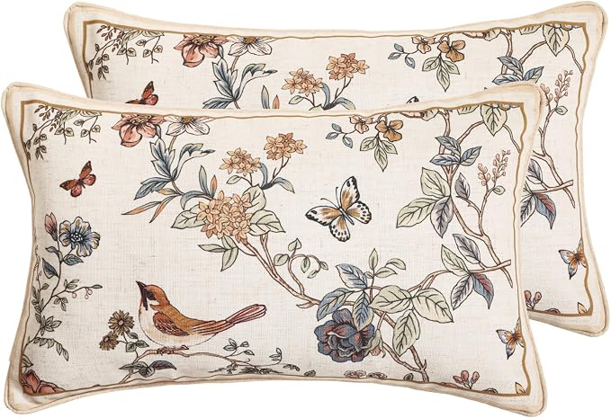 ISAENNE Designer Linen Throw Pillow Cover,Set of 2,20"x12"-Cornucopia A | Elegant French Rectangle Pillow Cover,Concealed Zipper,Floral and Bird Pattern,Sofas,Bedroom,Living Room,Lounge Chairs