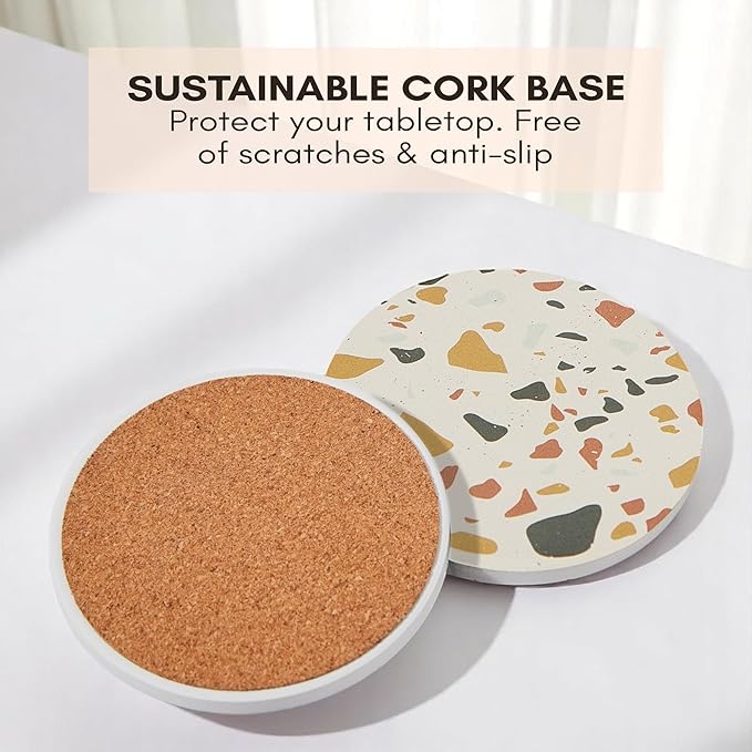 Absorbent Terrazzo Drink Coasters with Holder, Set of 6 Ceramic Stone Coasters for Drinks, Water-Absorbing Coffee Coasters for Coffee Table Decor (Sunset)