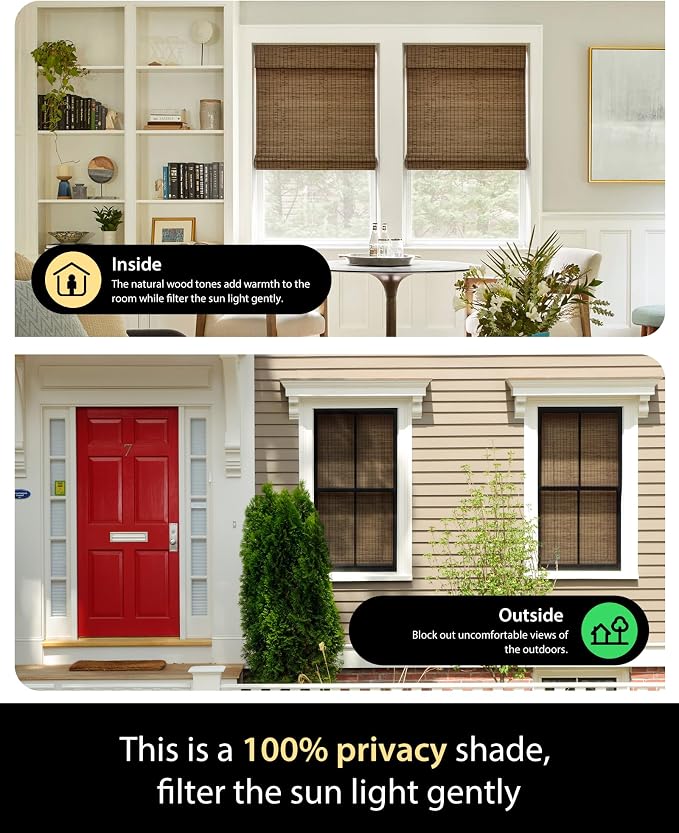 UNISHADES Cordless Bamboo Roman Shades, 30.5×64 in, Highfield Teak | Wide Bamboo Strip Weaving Technique, High light-blocking capacity, High Level of Privacy Protection