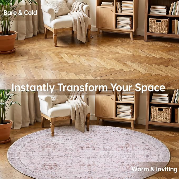 Sasttie Round Rugs 6ft, Ultra-Soft Washable Circle Rug, Low Pile Foldable Thin Carpets with Non-Slip Backing, Skin-Friendly Stain Resistant Carpet for Living Room, Bedroom, Kitchen, Dorm, 6ft, Pink