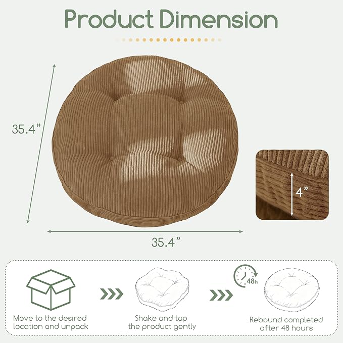 HIGOGOGO 35" Floor Pillow Cushion for Adults, Meditation Cushion Pillow, Extra Large Square Floor Sitting, Tufted Corduroy Cover for Tatami Living Room or Yoga, Coffee