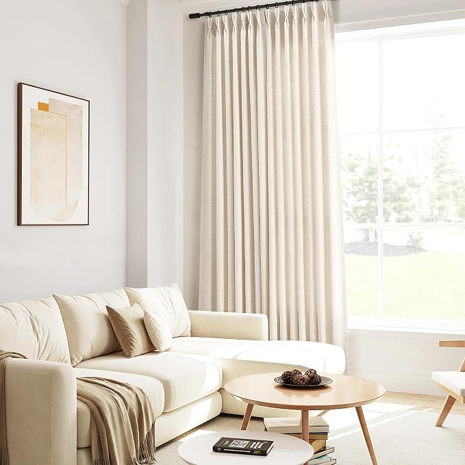 Guken Pinch Pleated Linen Curtains 96 Inch Length 2 Panels for Living Room Bedroom Natural Cream Boho Ceiling to Floor Farmhouse Window Privacy Light Filtering Semi Sheer Drapes Beige Ivory 40x96 8FT