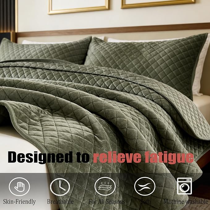 Velvet California King Quilt Size Set 106x118 Luxury Soft Bedspread Coverlet 3-Piece King Comforter Sets with 2 Pillow Shams 20x36 Super Cozy for All Seasons Velvet Bedding Set, Army Green
