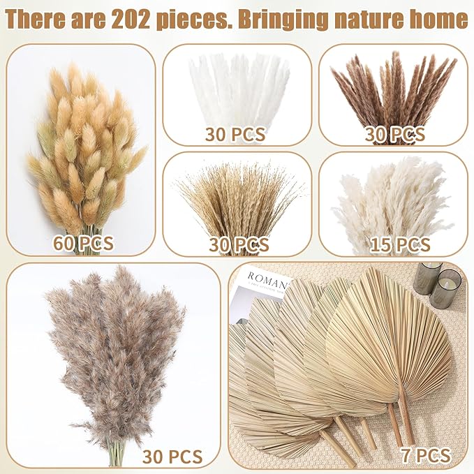 202 Pcs Boho Dried Pampas Grass Decor Bulk, Large Dried Palm Spears Bunny Tails Pampas Reed Grass Dried Palm Leaves Dried Flower Bouquet Boho Centerpieces for Wedding Home Tables Decor