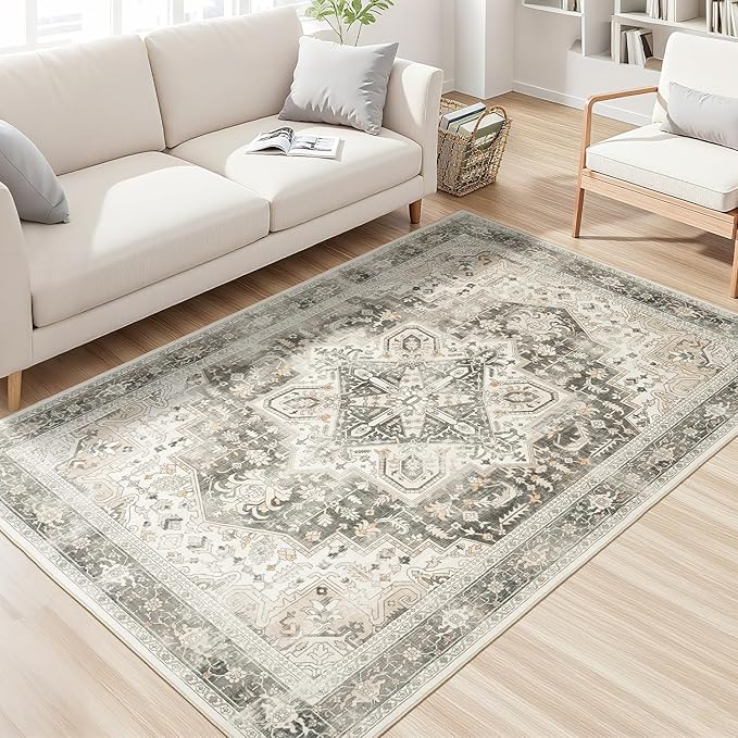 Rugflix 3x5 Area Rugs for Living Room, Machine Washable Rug Non Slip Stain Resistance, Small Rug Vintage Distressed Soft Carpet for Bedroom, Dining Room, Home Office, Beige Grey