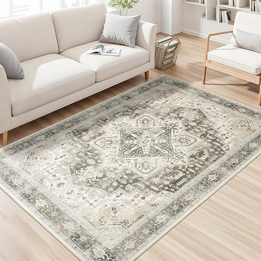 Rugflix 3x5 Area Rugs for Living Room, Machine Washable Rug Non Slip Stain Resistance, Small Rug Vintage Distressed Soft Carpet for Bedroom, Dining Room, Home Office, Beige Grey