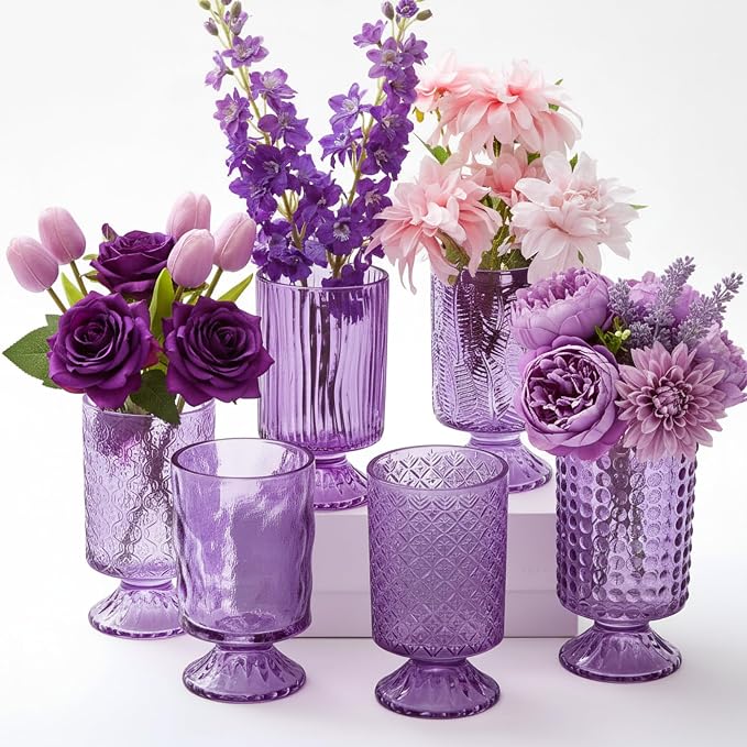 6 Pcs (H: 7" W: 4") Embossed Flower Vase Pedestal Glass Vase Big Base Thickened Crystal Vintage Vases for Wedding Party Home Decor Table Centerpiece House Warming Gifts (Purple,Classic)