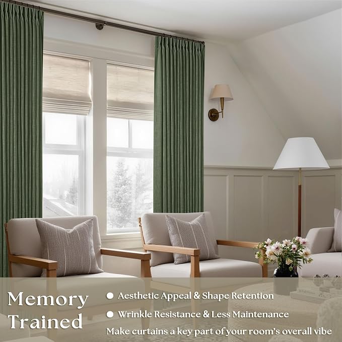 TWODRAPES Olive Green Linen Pinch Pleated Curtains 84 Inches Long 2 Panels for Living Room Bedroom Linen Pleated Hooks Rings Back Tab Light Filtering Loden Moss Green Farmhouse Drapes 84 Inch Length