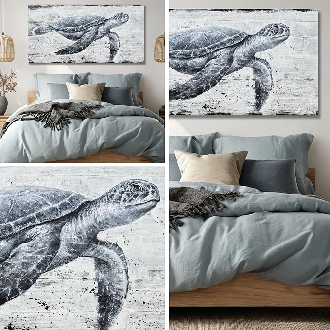 Hue7Art Ocean Inspired Turtle Canvas Wall Art Style Marine Animal Painting, Coastal Theme Artwork for Living Room Bedroom Bathroom Beach Home Decor 24x48 Inch