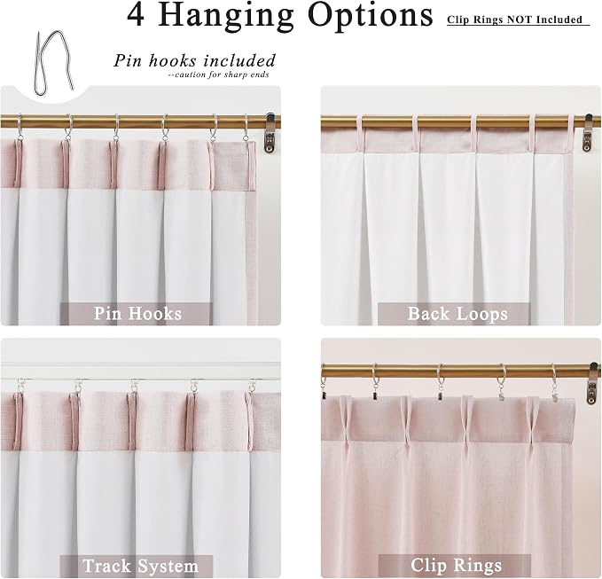 Central Park Pink Pinch Pleat Light Filtering Window Curtain Panels with Microfiber Liner Linen Blended Textured Privacy Drape 112 Inches Long for Living Room Bedroom with Back Tabs Hooks, 40"x112"x2