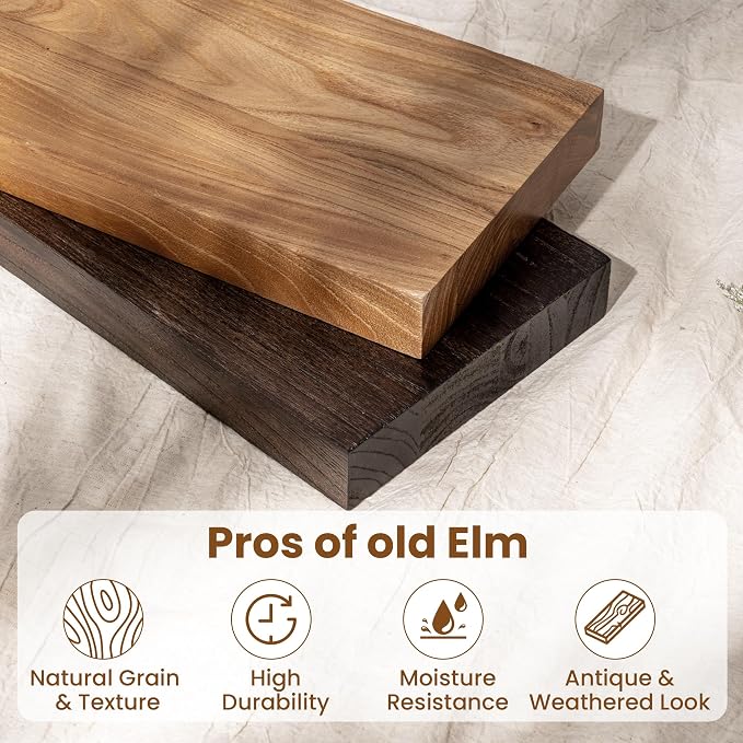 48 Inch Floating Shelves, Rustic Elm Wood Wall Shelves for Farmhouse, Bedroom, Kitchen, Wall-Mounted Long Floating Shelf Heavy-Duty Bracket, Solid Wood Shelf Set of 1 for Home Decor Display, Natural