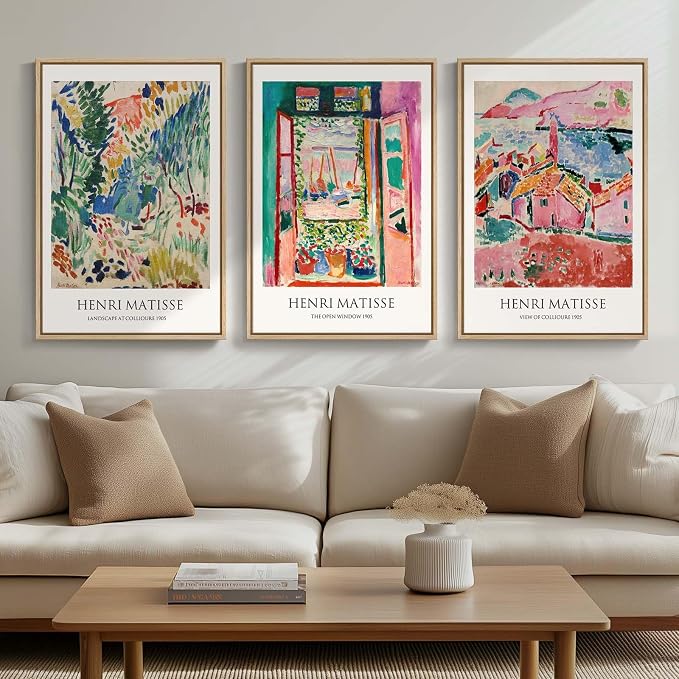 Framed Vintage Matisse Wall Art, Large Set of 3 Piece Colorful Canvas Artwork for Walls, Matisse Retro Landscape Paintings Prints Pictures for Living Room Bedroom Hallway Office Wall Decor 16x24