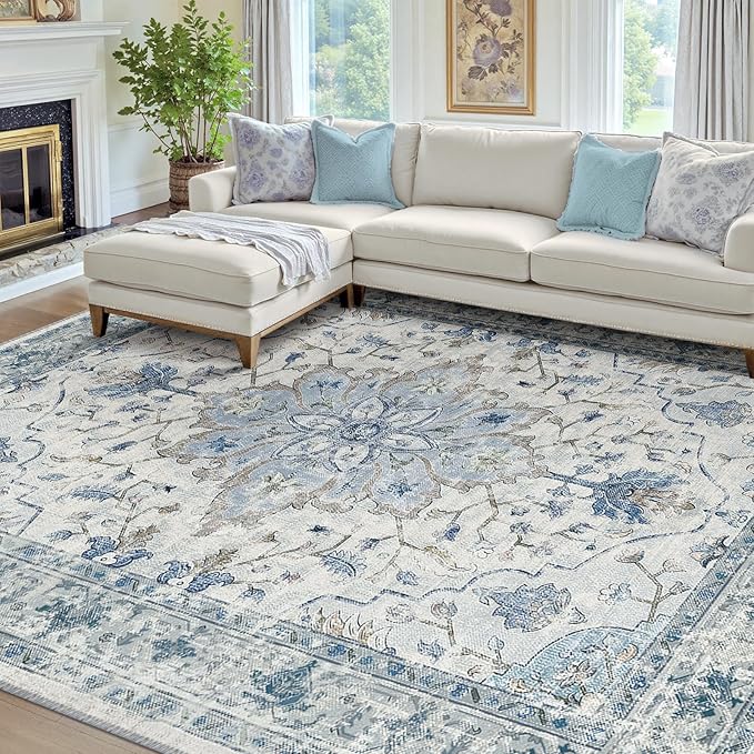RELEANY Area Rugs 7'x10' Washable Non-Slip, Floral Vintage Distress Print Pattern Medallion Carpet for Living Room Bedroom Dining Room, Light Blue Navy Beige Gray White