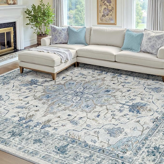 RELEANY Area Rugs 7'x10' Washable Non-Slip, Floral Vintage Distress Print Pattern Medallion Carpet for Living Room Bedroom Dining Room, Light Blue Navy Beige Gray White