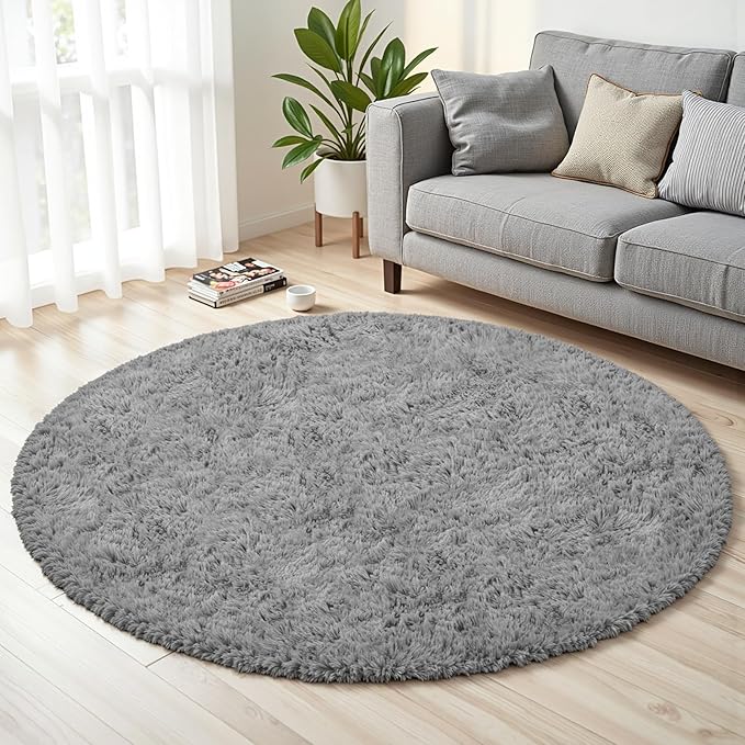 Light Gray Round Fluffy Rug 6ft Plush Fuzzy Shaggy Carpet,Soft Rugs for Living Room for Nursery,Preppy Dorm,Classroom,Playroom,Teen,Baby Home Decor (Light Gray 6"x6")