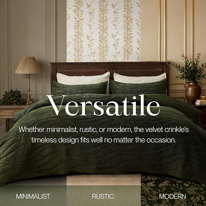 DOWN HOME Crinkle Textured Velvet Quilt Set with Shams, All-Season Luxury Modern Bedding,Easy Care Comforter,Ultra-Soft,Lightweight & Breathable, Cali King, Courtyard Green