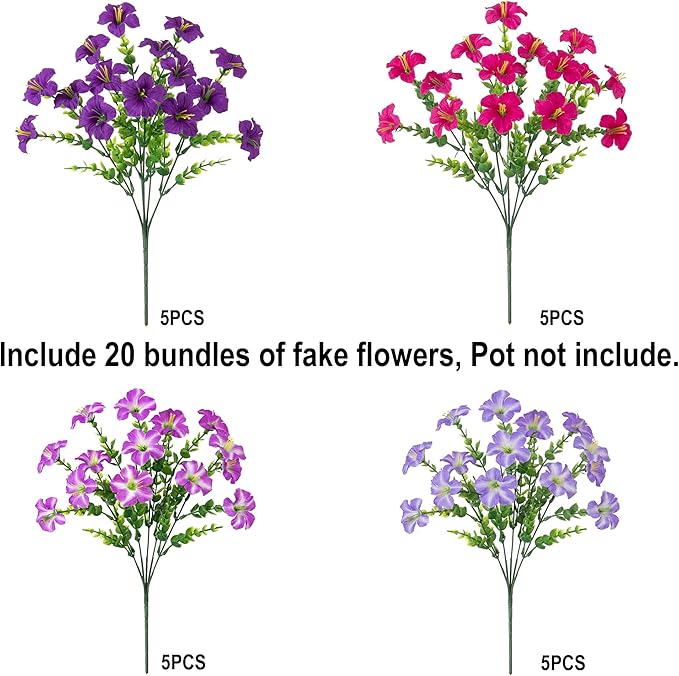 Artificial Flowers for Outdoors Fake Plants Outside Decoration, 20 Bundles Silk Petunia with Eucalyptus UV Resistant Realistic Faux Flowers for Outdoor Planters Garden Balcony Yard Porch Patio, Mix