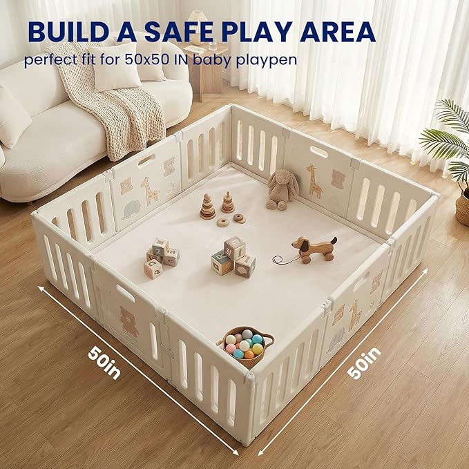 Huloo Sleep Baby Play Mat for Floor,1.3" Thick Elasti-Foam 50x50 Playpen Mat for Toddlers Infant Kids,Water-Repellent Soft Coral Velvet Tummy Time Mat,Non Slip Crawling Mat,Tatami Mat(Beige)
