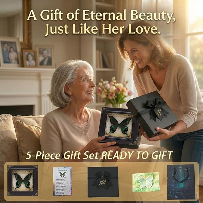 Handmade Real Butterfly Taxidermy Framed - 5-Piece Gift Set for Mother's Day - Gothic Home Decor and Vintage Frame - Butterflies Taxidermy Shadow Box Collection (Red Helen Butterfly)