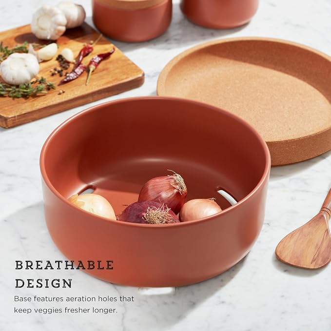 Kamenstein Ceramic and Cork Large Breathable Produce Bowl with Lid, Nautral Cork and Terra Cotta Ceramic, 11 x 11 x 6 Inch