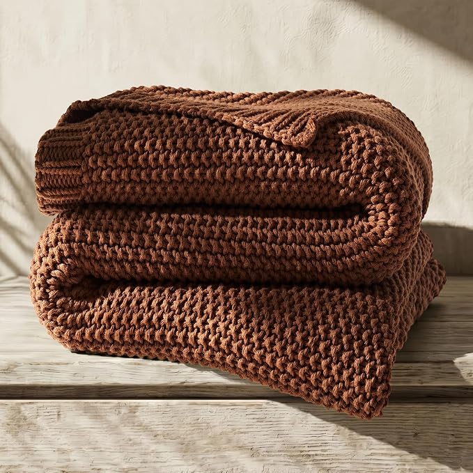 EverGrace Organic Cotton Chunky Knit Throw Blanket, 50 x 60 Terracotta | OCS Certified Organic Cotton, Seed Stitch Knit, Soft & Breathable, Cozy Midweight, Decorative Throw for Couch, Bed & Sofa