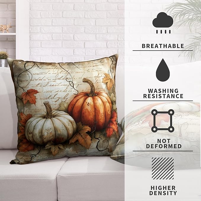Fall Thanksgiving Outdoor Pillow Covers 18x18 Watercolor White Orange Pumpkin with Maple Leaves Decorative Pillow Case Set of 2 Autumn Vintage Cushion Case for Couch Patio Bench