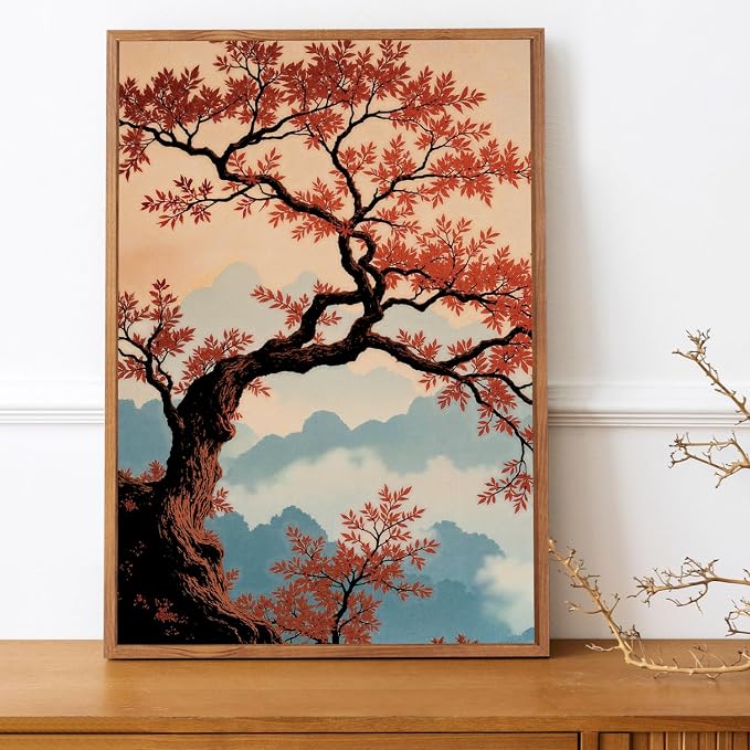 LHIUEM Large Boho Mountain Sunset Framed Canvas Wall Art Set of 3(16”X24”)Pine Tree Red Flowers Wall Decor,Chinese Style Maple Leaves Painting,Nature Landscape Forest Foggy Artworks for Bedroom Office