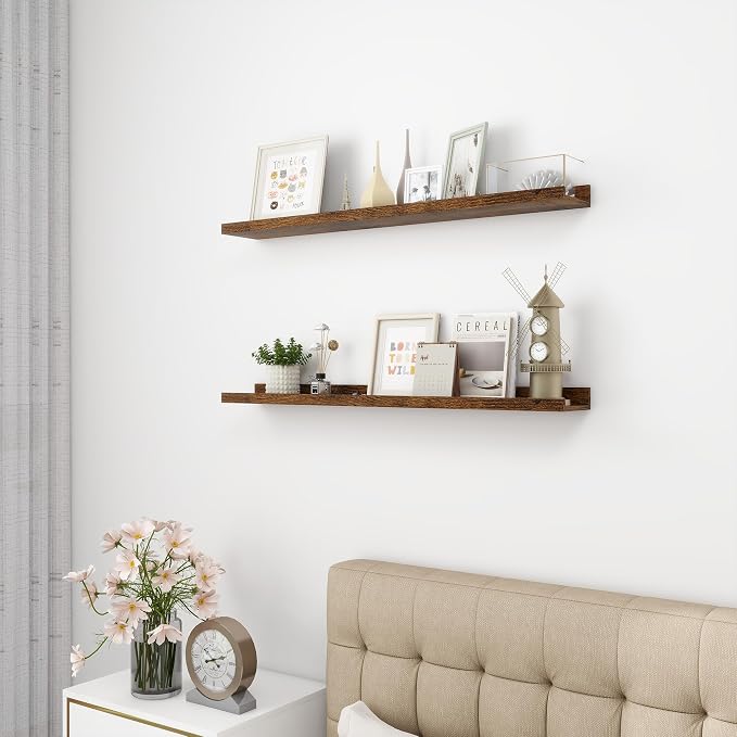 Acovy 36 inch Picture Ledge Shelf, Wood Floating Shelves, Brown, Set of 2 | Photo Ledge, Wall Mounted, For Nursery Book Living Room Kids' Room Bedroom
