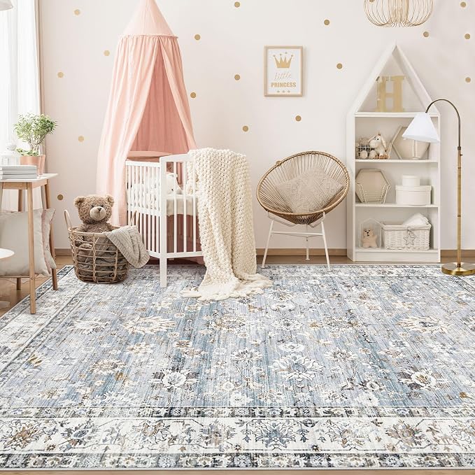 XLUEZ Area Rug 6x9 Living Room Rug, Machine Washable Vintage Distressed Boho Area Rug Non-Slip Soft Low Pile Large Indoor Rugs for Bedroom Kitchen Dining Room Office(Light Blue,6'x9')