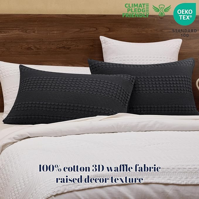 PHF 100% Cotton Waffle Pillow Shams Queen Size, 2 Pack 20" x 30" Soft Skin-Friendly Pillowcases, No Filling, Aesthetic Woven and Breathable Waffle Weave Pillow Case Covers for Bed, Black