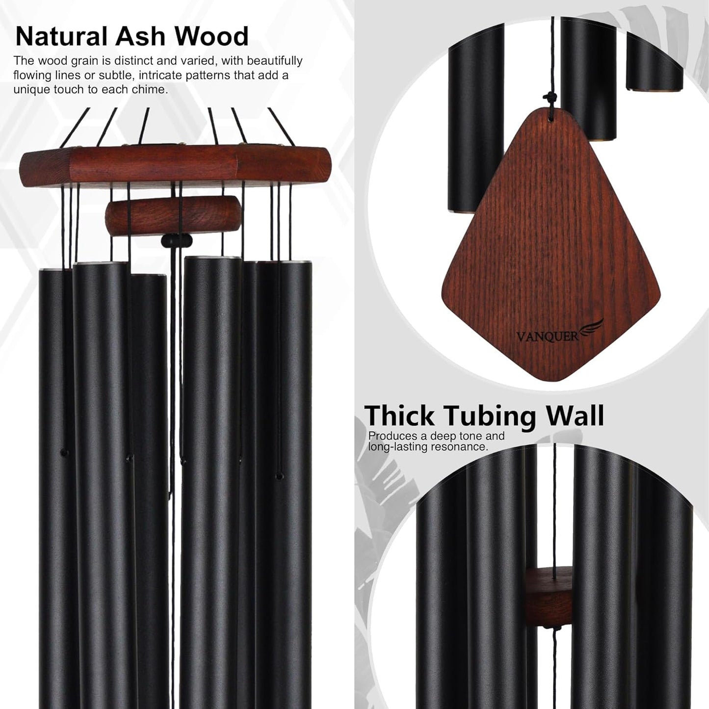 Vanquer Large Wind Chimes for Outside Deep Tone - 46'' Wind Chimes Outdoor Clearance, Windchimes Outdoors, Memorial, Sympathy Gift, Patio, Home Décor, Vintage Black (46" Ash Wood)