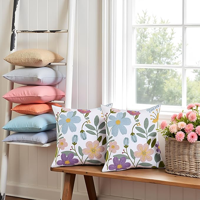 Embroidery Pillow Covers 18x18 Set of 2 Multicolored Flowers Throw Pillow Covers Farmhouse Pillow Cushion Case Spring Summer Decorative Farm Pillowcases Square Rustic Floral Pillow Case