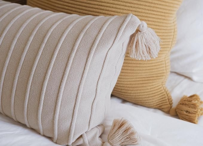 14x36 Cotton Knit Lumbar Pillow Cover – Ribbed Texture with Tassels, Decorative Accent for Bed or Sofa (Neutral)