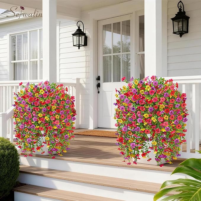 Serwalin Artificial Hanging Flowers for Outdoors, 4PCS UV Resistant Fake Hanging Plants with 101 Blooms, Realistic Weatherproof Outdoor Decor for Patio, Porch, Garden & Window (Summer Colors)