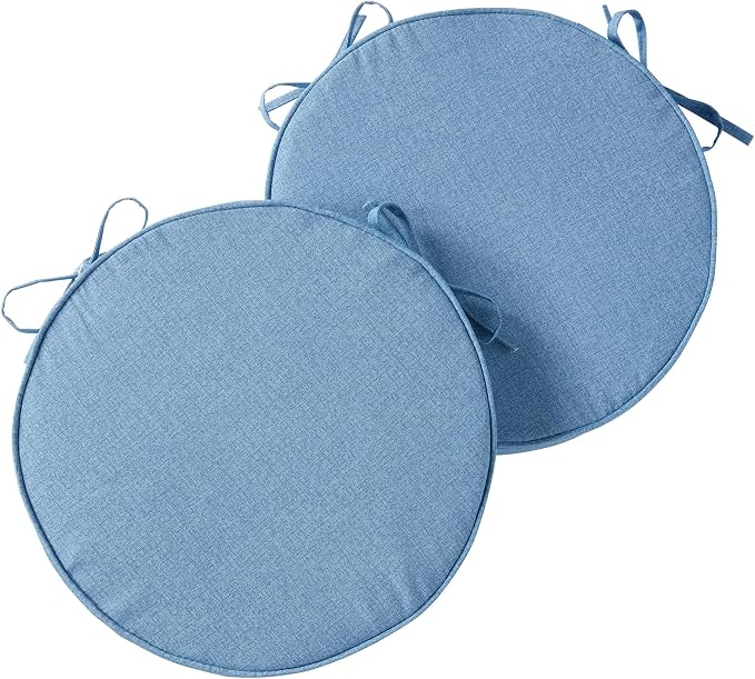 Set of 2 Outdoor 18 inch Round Patio Dining Chair Pads – Comfortable Fiber-Filled Seat Cushions with Ties, Reversible Polyester Fabric, Denim