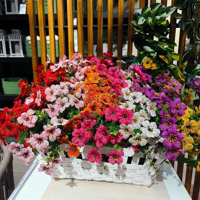 WEAUSUP 28 Bundles Artificial Plants & Flowers Silk Fake Flowers UV Resistant Bushes Plastic Artificial Flowers Faux Outdoor Indoor Plants for Spring Summer Patio Decorations(7 Colors)